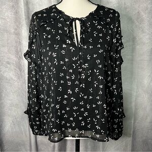 Sugarlips Anthropologie Black & White Leaf Print Blouse Sheer Ruffle Sleeves - M